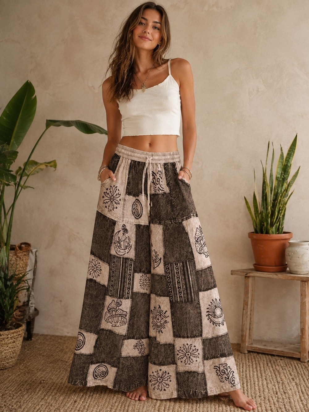 POL ONE- Back & Gray Patchwork Wide Leg Pant